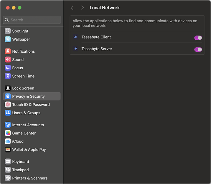 Tessabyte macOS system settings